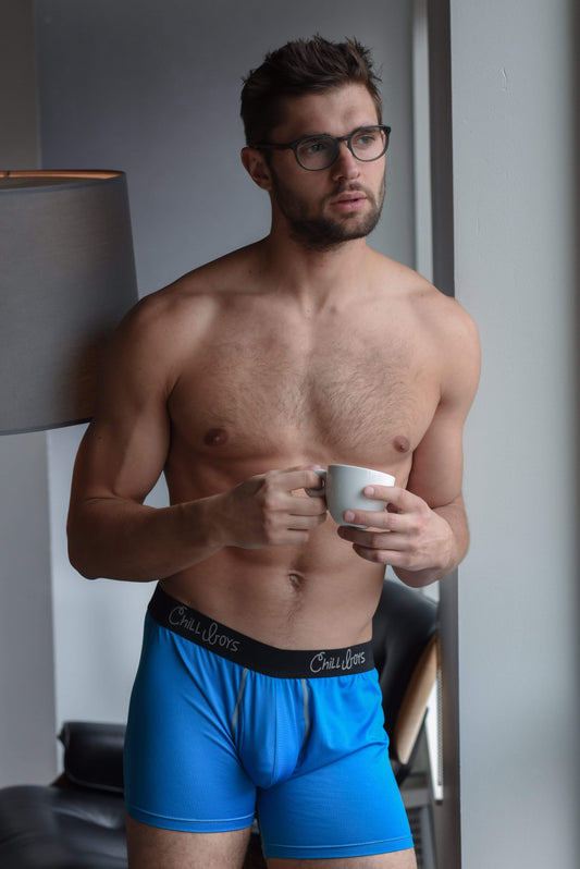 male model in blue boxers for men