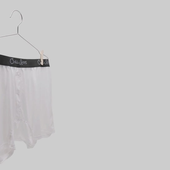 Chill Boys white performance boxers blowing with a fan