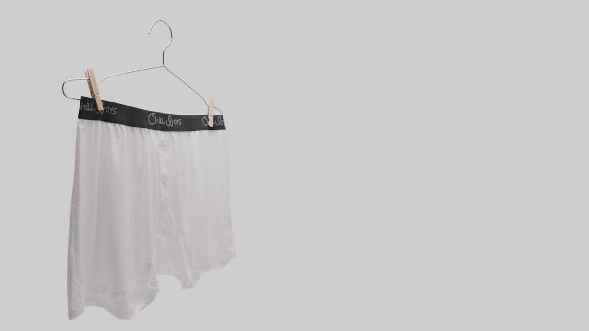 Chill Boys white performance boxers blowing with a fan