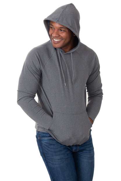 gray hooded sweatshirt hood up front pockets