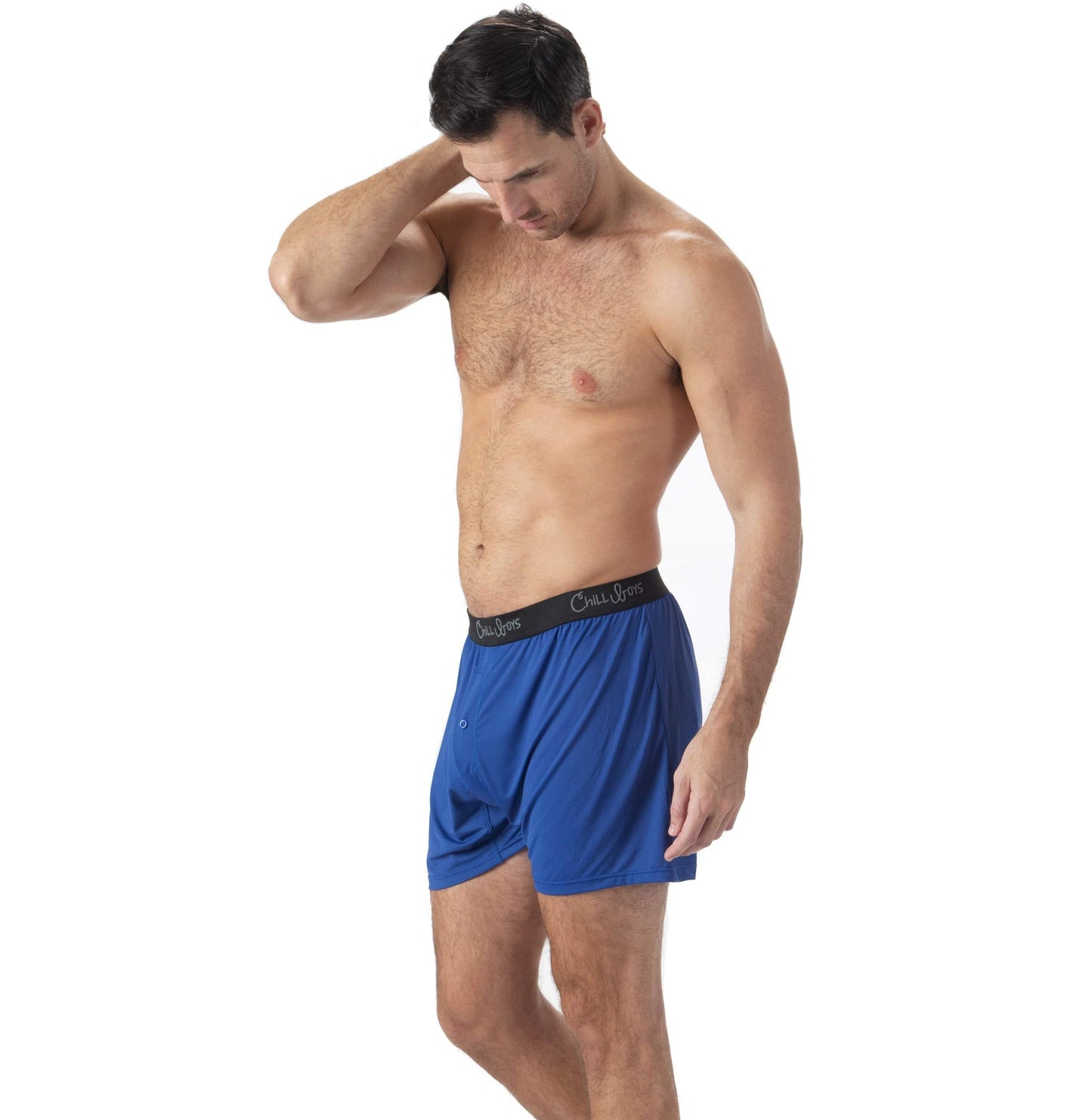 blue cool performance boxers on model. relaxed boxers